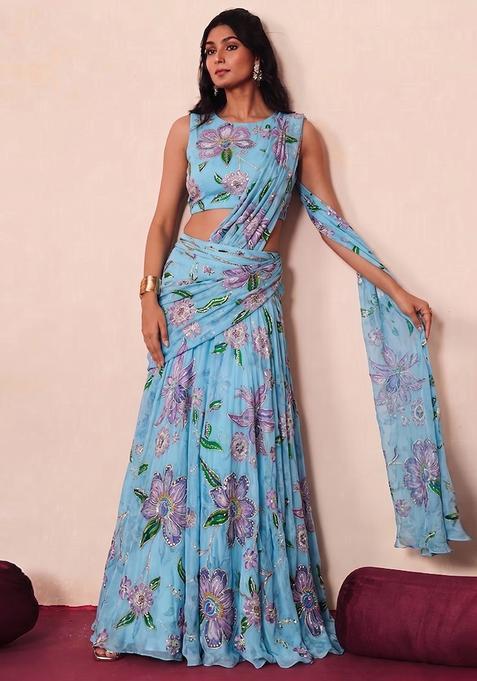 Light Blue Printed Organza Pre Draped Saree Set