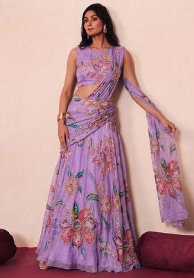 Lilac Printed Organza Pre Draped Saree Set