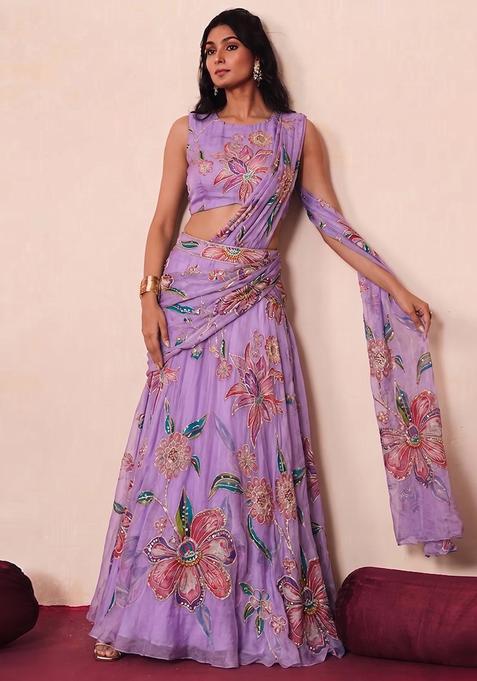 Lilac Printed Organza Pre Draped Saree Set