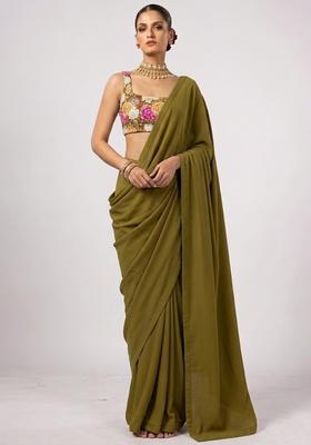 Olive Printed Crepe Pre Draped Saree Set