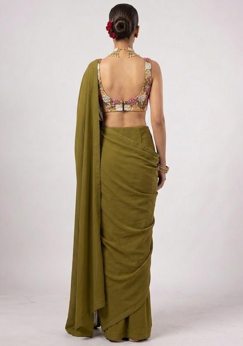 Olive Printed Crepe Pre Draped Saree Set - Indya