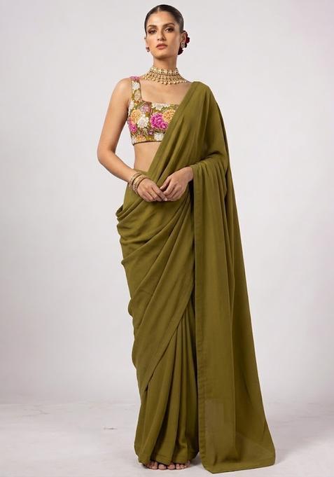 Olive Printed Crepe Pre Draped Saree Set