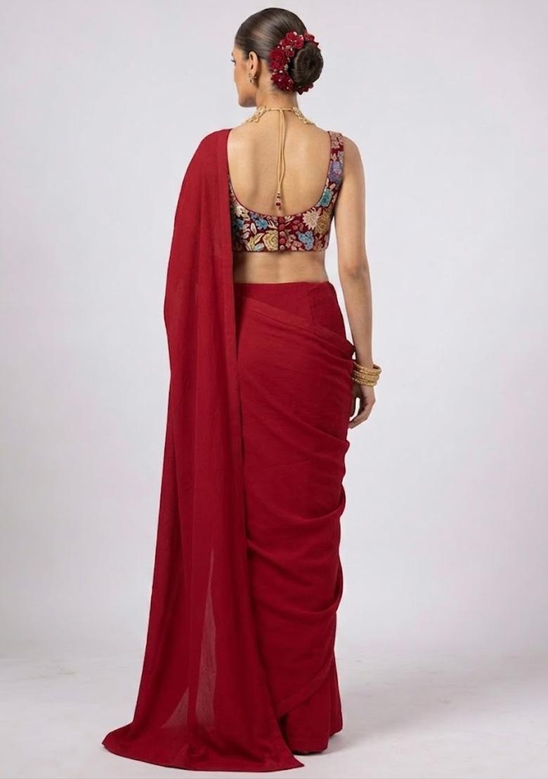 Red Printed Crepe Pre Draped Saree Set - Indya