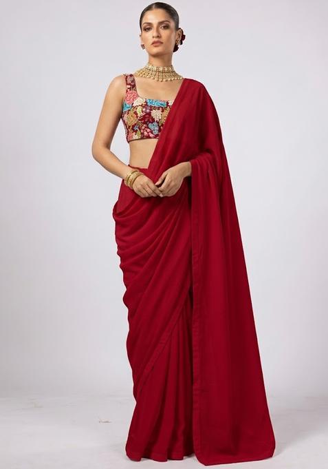 Red Printed Crepe Pre Draped Saree Set