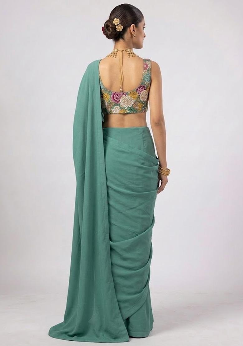 Sea Green Printed Crepe Pre Draped Saree Set - Indya