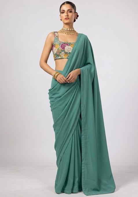 Sea Green Printed Crepe Pre Draped Saree Set