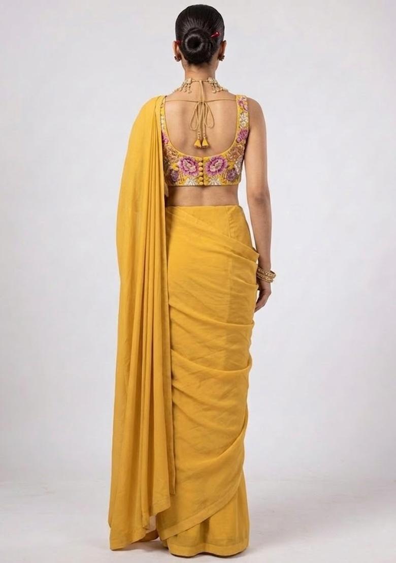 Yellow Printed Crepe Pre Draped Saree Set - Indya