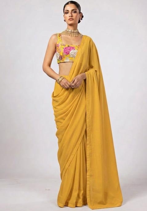 Yellow Printed Crepe Pre Draped Saree Set