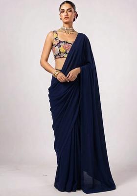 Navy Blue Printed Crepe Pre Draped Saree Set