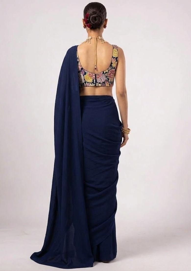 Navy Blue Printed Crepe Pre Draped Saree Set - Indya