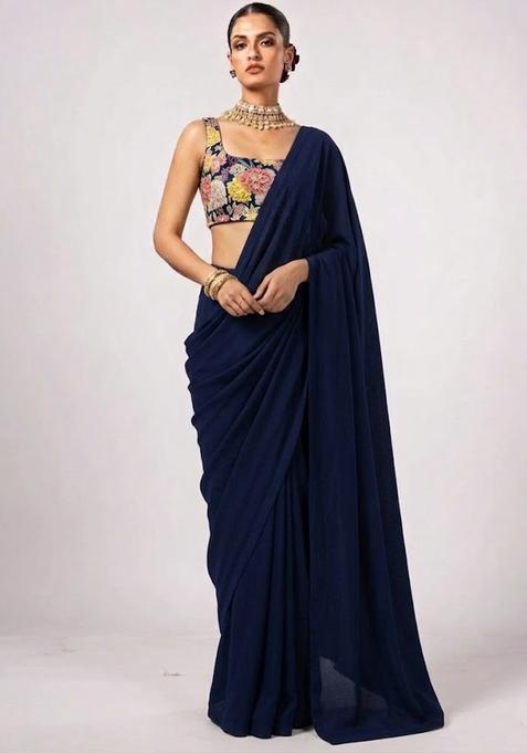Navy Blue Printed Crepe Pre Draped Saree Set