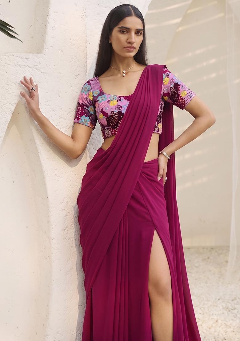 Rani Pink Printed Crepe Pre Draped Saree Set - Indya