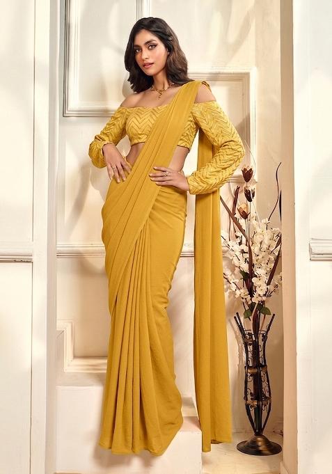Yellow Embroidered Silk Pre Draped Saree Set