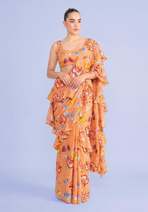 Peach Printed Chinon Pre Draped Saree Set