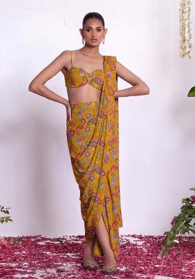 Mustard Yellow Sequin Crepe Pre Draped Saree Set