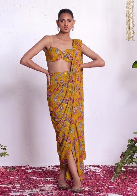 Mustard Yellow Sequin Crepe Pre Draped Saree Set
