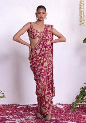 Rani Pink Sequin Crepe Pre Draped Saree Set