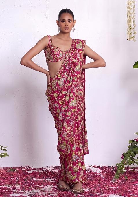 Rani Pink Sequin Crepe Pre Draped Saree Set
