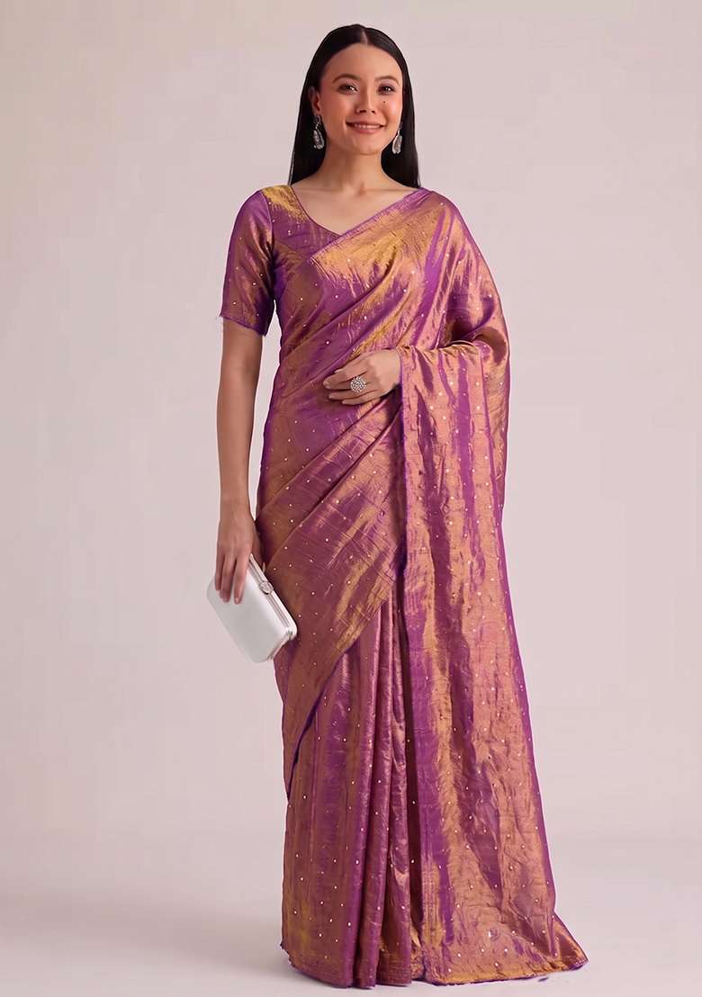 Pink Solid Silk Blend Pre Draped Saree Set - Indya