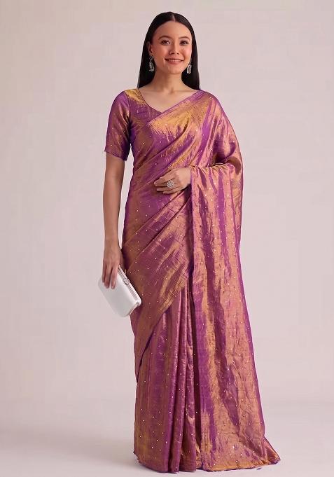 Pink Solid Silk Pre Draped Saree Set