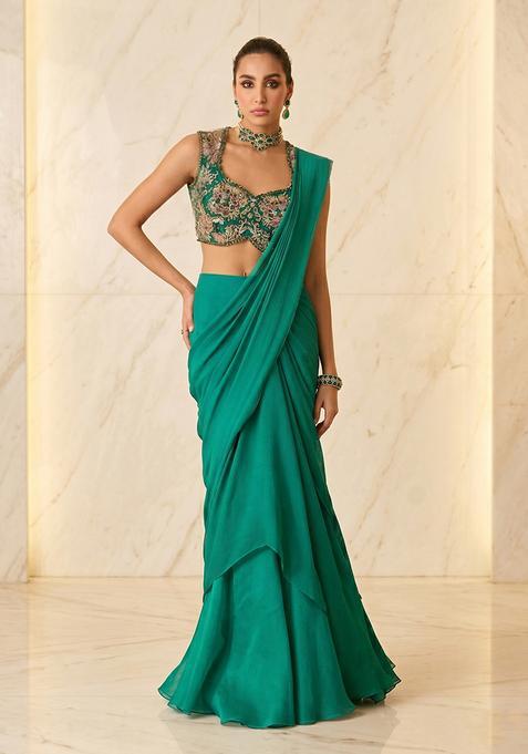 Emerald Green Embroidered Handwork Pre Draped Saree Set
