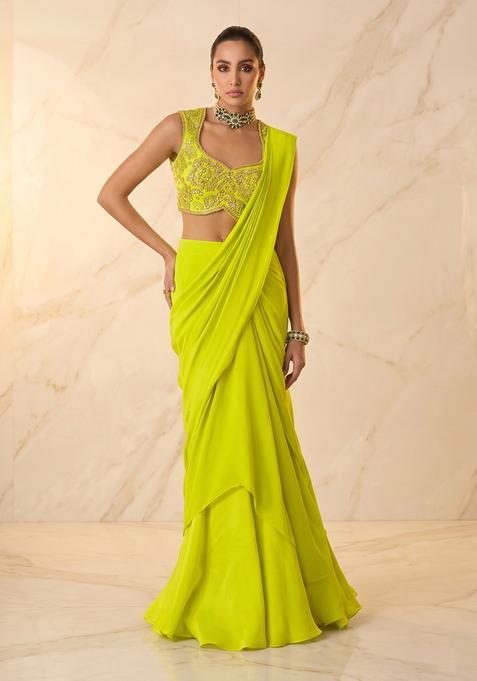 Light Green Embroidered Handwork Pre Draped Saree Set