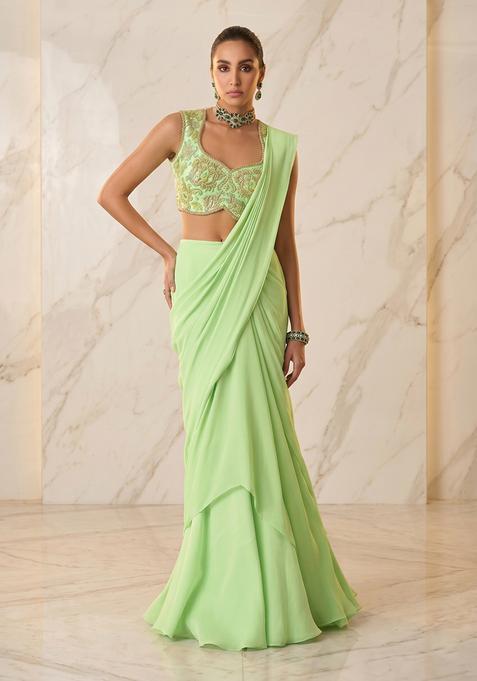Pastel Green Embroidered Handwork Pre Draped Saree Set