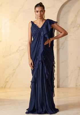 Navy Blue Embroidered Handwork Pre Draped Saree Set
