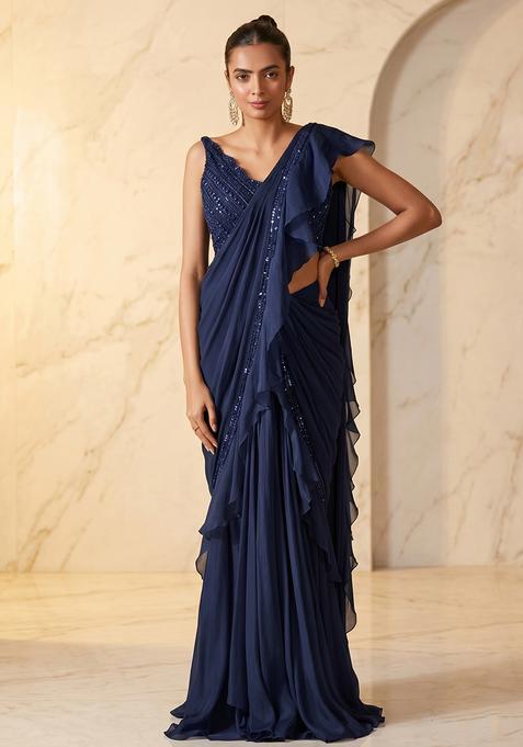 Navy Blue Embroidered Handwork Pre Draped Saree Set