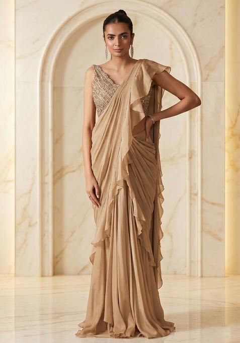 Beige Embroidered Handwork Pre Draped Saree Set