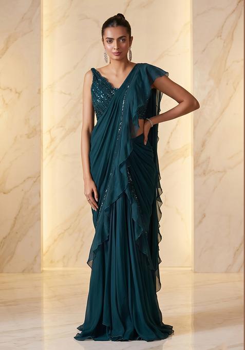 Dark Teal Embroidered Handwork Pre Draped Saree Set