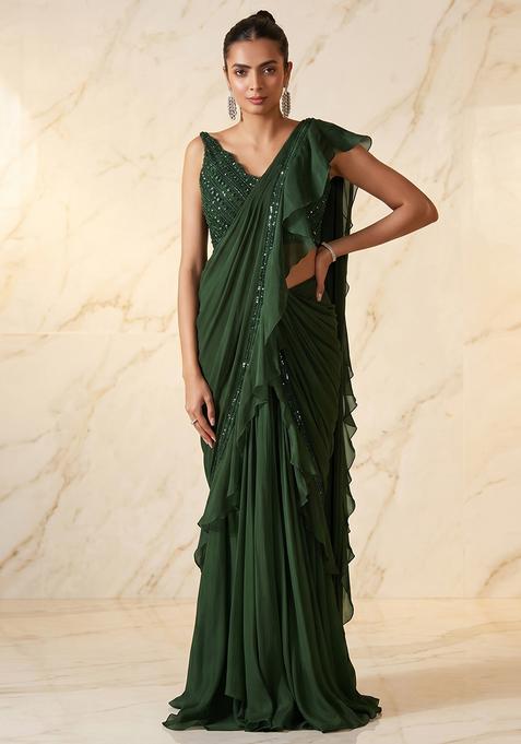 Dark Green Embroidered Handwork Pre Draped Saree Set