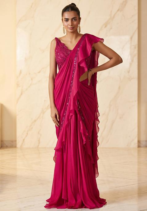 Rani Pink Embroidered Handwork Pre Draped Saree Set