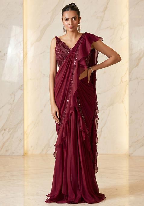Maroon Embroidered Handwork Pre Draped Saree Set