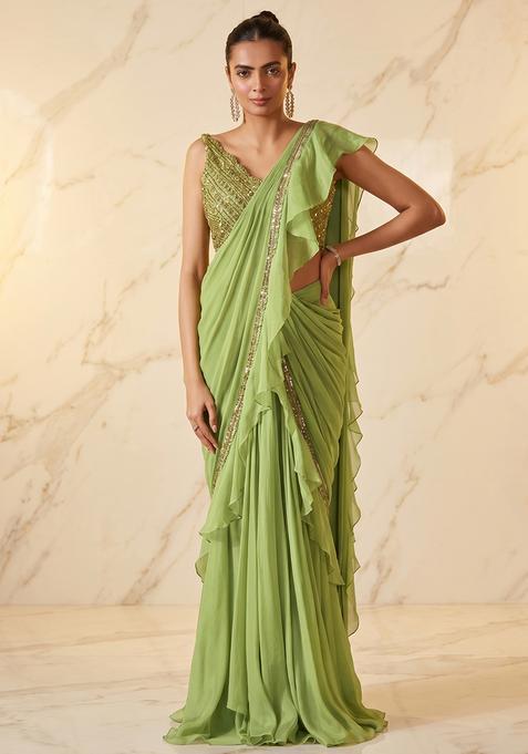 Light Green Embroidered Handwork Pre Draped Saree Set