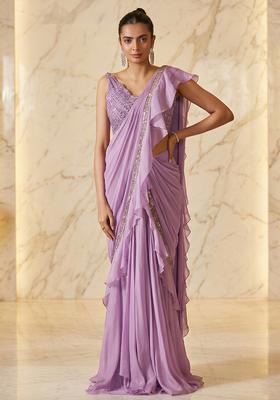 Lilac Embroidered Handwork Pre Draped Saree Set