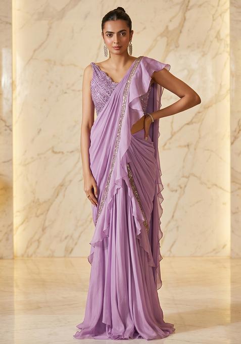 Lilac Embroidered Handwork Pre Draped Saree Set