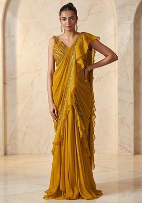Mustard Yellow Embroidered Handwork Pre Draped Saree Set