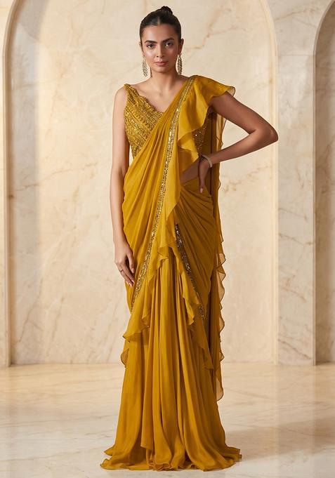 Mustard Yellow Embroidered Handwork Pre Draped Saree Set