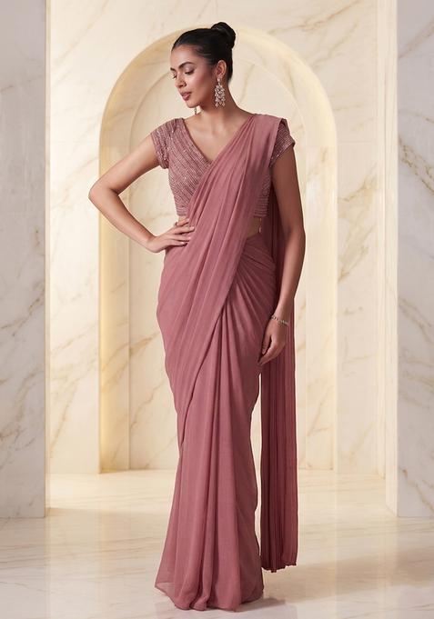 Mauve Embroidered Handwork Pre Draped Saree Set