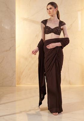 Dark Brown Embroidered Handwork Pre Draped Saree Set