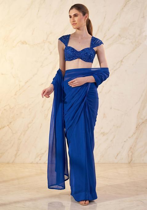 Blue Embroidered Handwork Pre Draped Saree Set