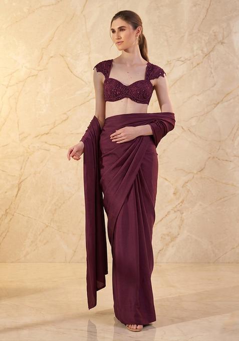 Maroon Embroidered Handwork Pre Draped Saree Set