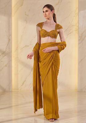 Mustard Yellow Embroidered Handwork Pre Draped Saree Set