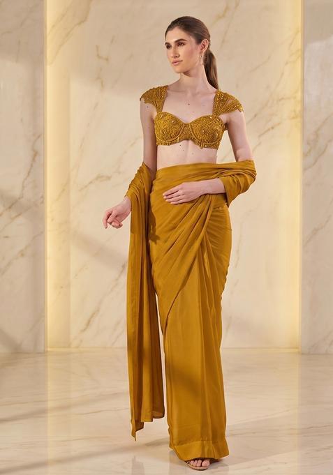 Mustard Yellow Embroidered Handwork Pre Draped Saree Set