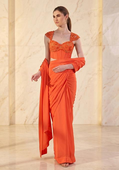 Orange Embroidered Handwork Pre Draped Saree Set