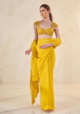 Yellow Embroidered Handwork Pre Draped Saree Set