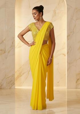 Light Yellow Embroidered Handwork Pre Draped Saree Set