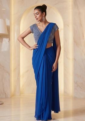 Dark Blue Embroidered Handwork Pre Draped Saree Set