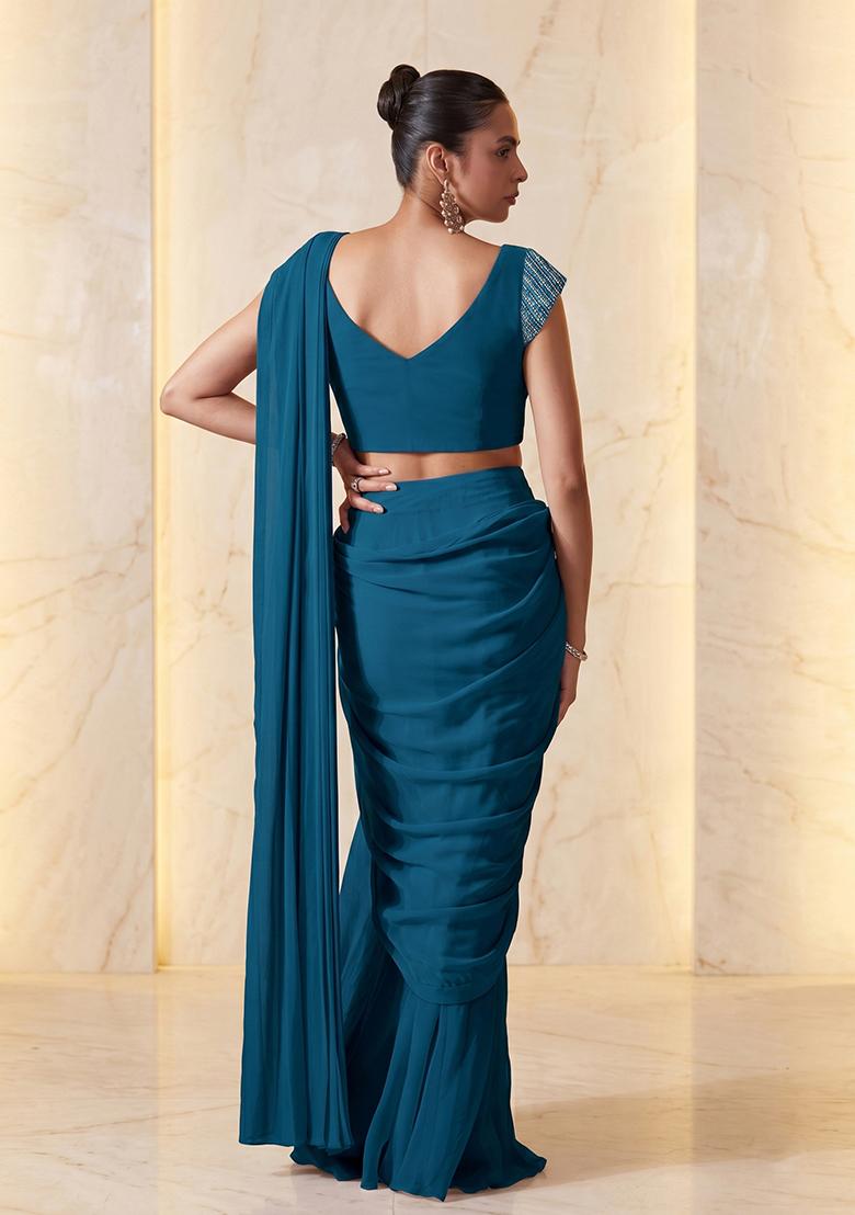 Dark Teal Embroidered Handwork Pre Draped Saree Set - Indya